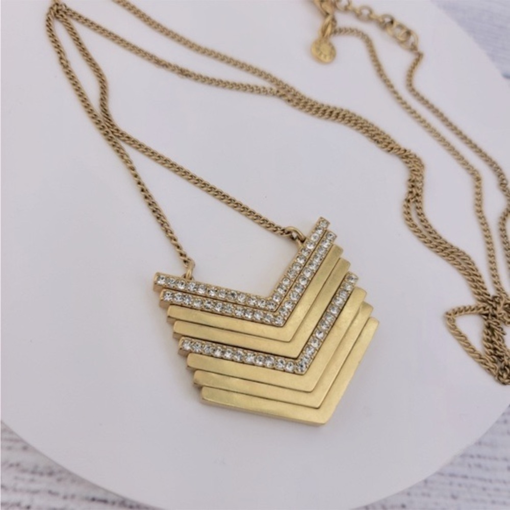 J. Crew Swarovski Rhinestone Crystal Pave Chevron Modern Pendant Necklace, Rare - Picture 5 of 15